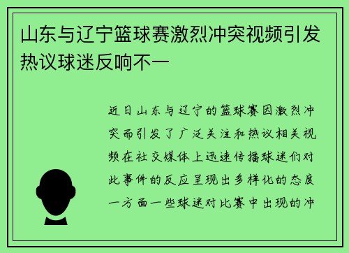 山东与辽宁篮球赛激烈冲突视频引发热议球迷反响不一