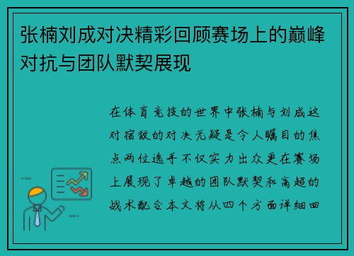 张楠刘成对决精彩回顾赛场上的巅峰对抗与团队默契展现